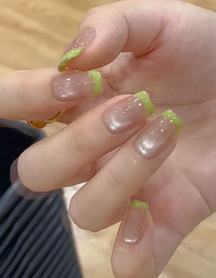 Glossy French Tip Press-On Nails Set with Vibrant Green Accents Kalsten