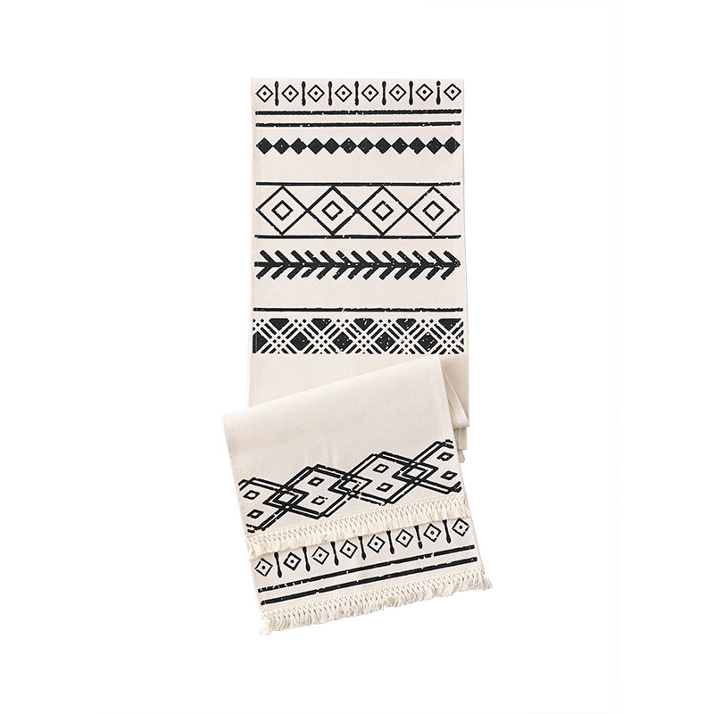 Woven table runner in Boho style with fringes and geometric ethnic print Kalsten