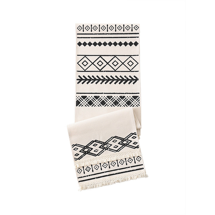 Woven table runner in Boho style with fringes and geometric ethnic print Kalsten