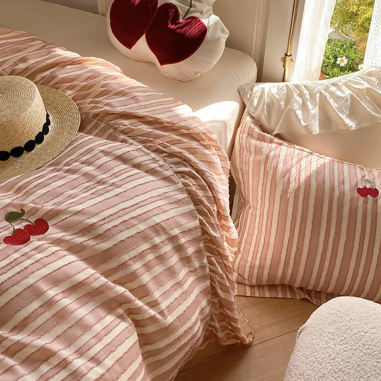 Striped bedding set made of cotton satin with cherry embroidery and ruffled edge