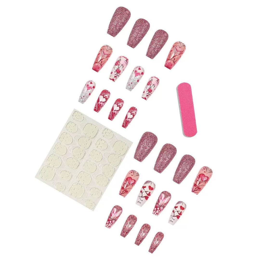 Artificial nail set with romantic heart and flower motifs Kalsten