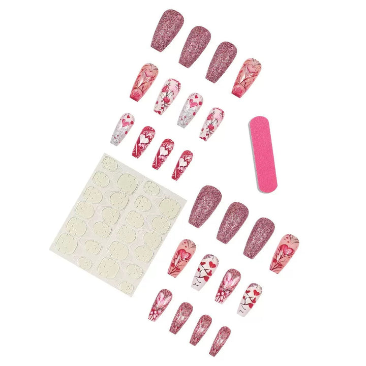 Artificial nail set with romantic heart and flower motifs Kalsten