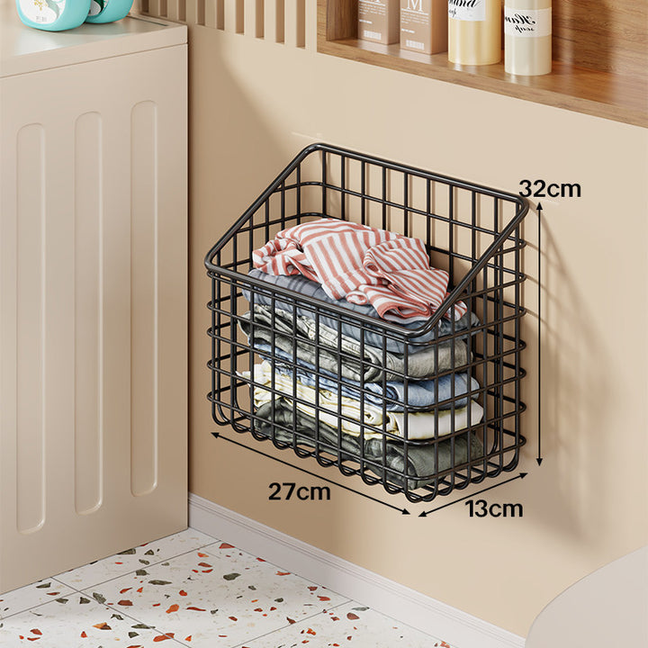 Wall-Mounted Wire Mesh Laundry Storage Basket with Slanted Open Top