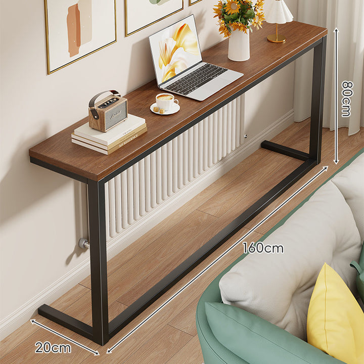 Slim Narrow Console Table with White Metal Frame and Wood-Grain Top