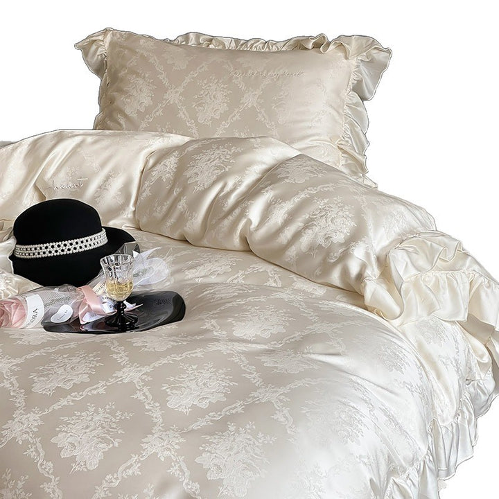 Luxurious jacquard satin bedding set with ruffled pillowcases