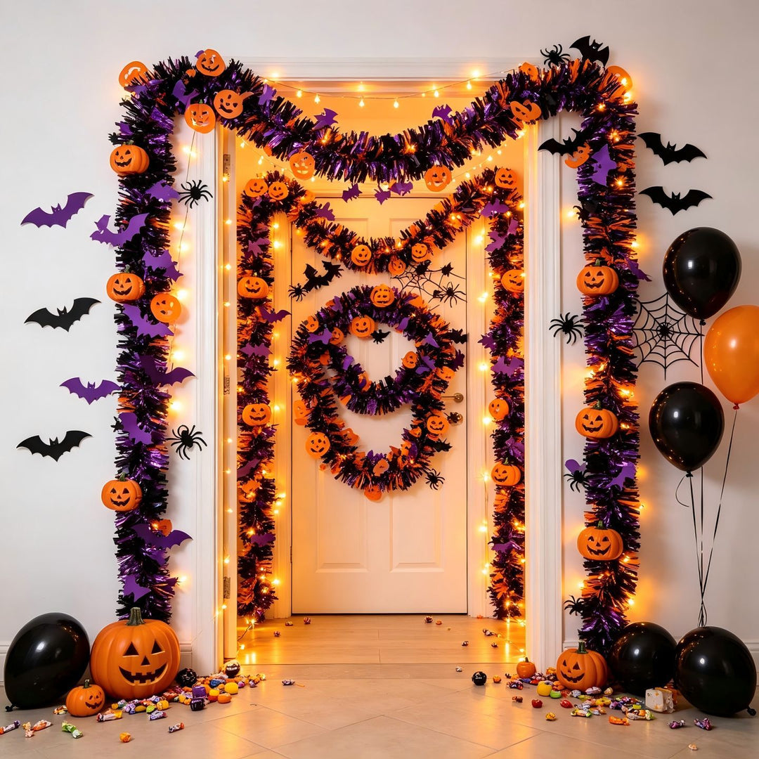 Shiny Halloween garland made of plastic with pumpkin confetti and dense fringes