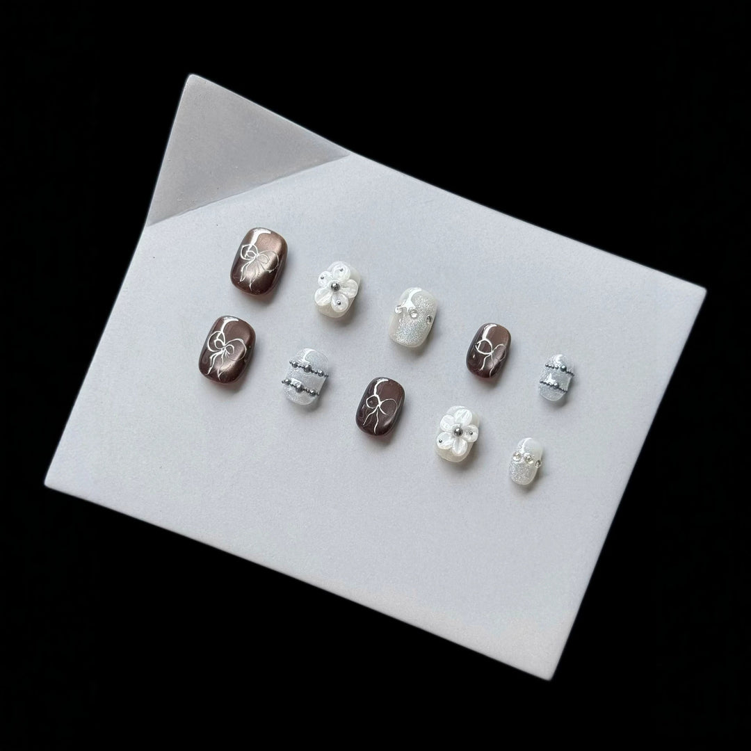 Artistic Press-On Nail Art Set with Floral and Gem Accents  1791774462