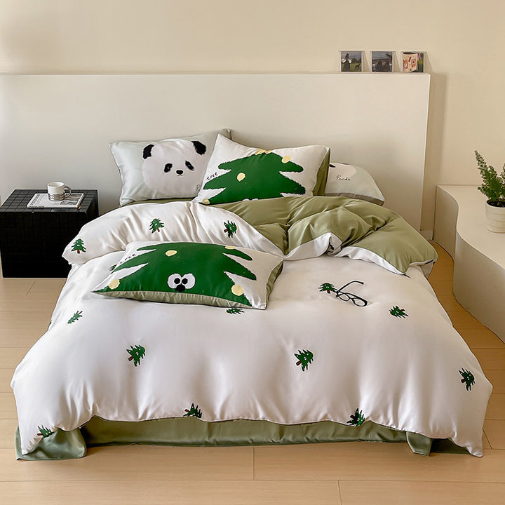 Reversible cotton satin bedding set with minimalist panda faces