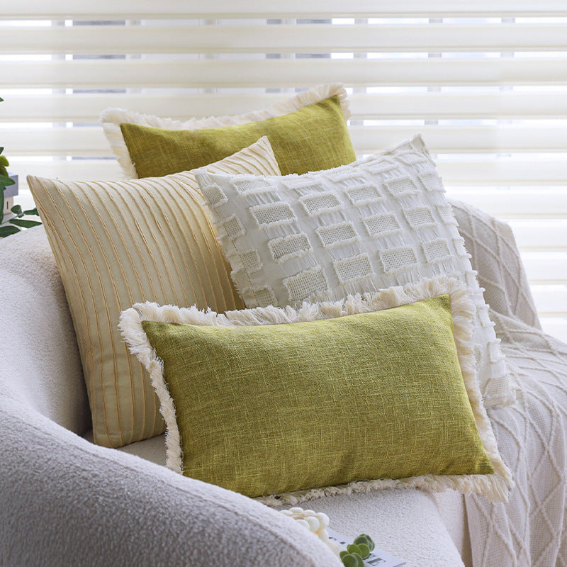 Square decorative pillow cover made of cotton blend with relief rectangular tufts and fringed edge Kalsten