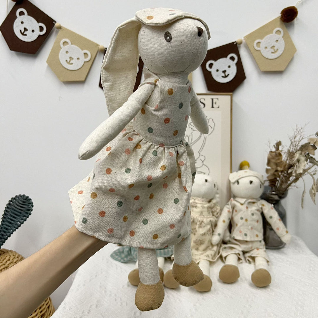 Plush Linen Bunny Doll with Long Ears Bow Tie and Removable Check Overalls