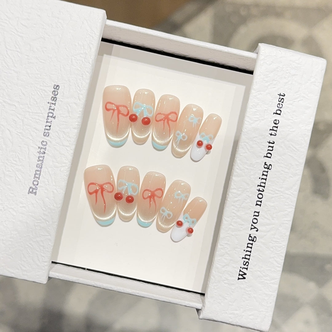 Artificial nail tips with romantic bow and cherry motifs Kalsten