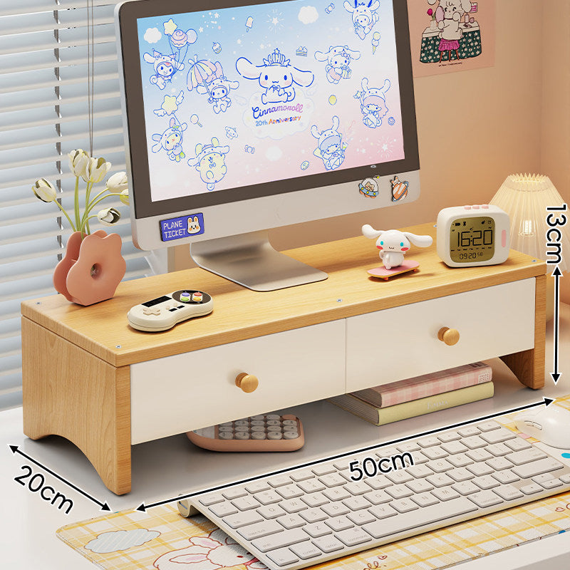 Dual-Height Wooden Monitor Riser and Desktop Organizer with Two Drawers