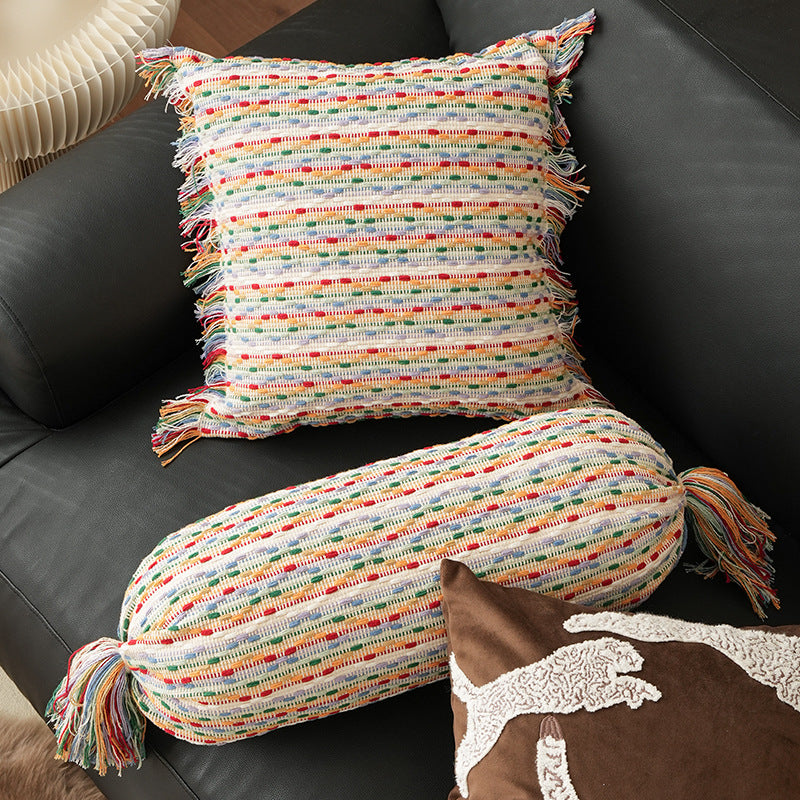 Cozy cushion set made of woven cotton blend with cylindrical roll and tassels Kalsten