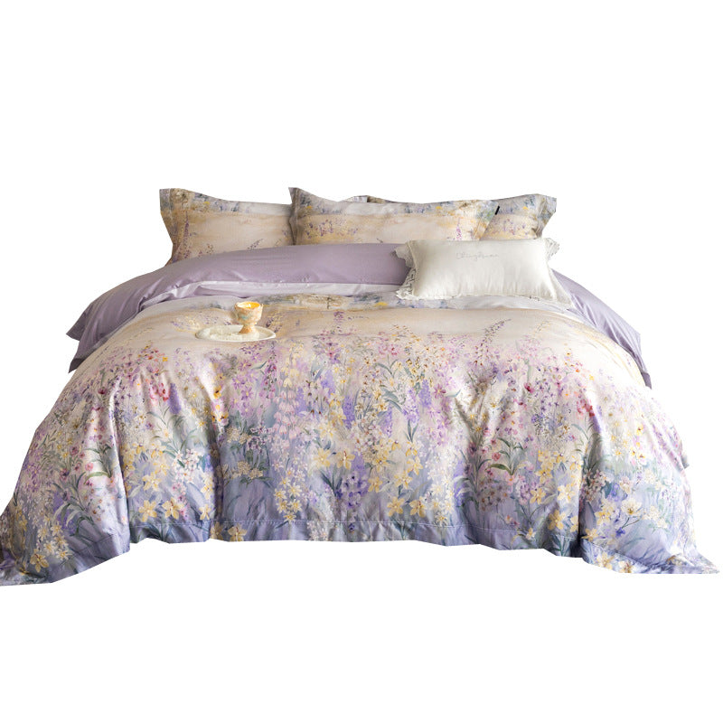 Silk-gloss satin bed linen set with watercolored meadow flower print and concealed zipper