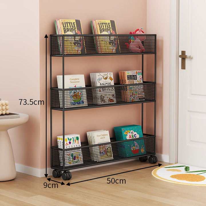 Industrial Metal Mesh Four-Tier Narrow Bookshelf Organizer