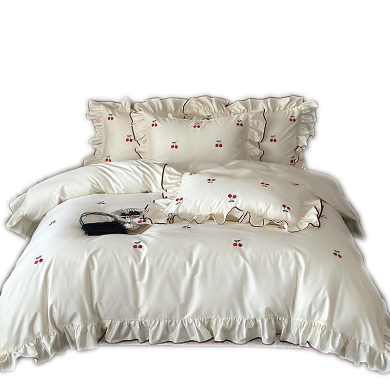 Luxury bedding set made of cotton satin with ruffles and cherry embroidery