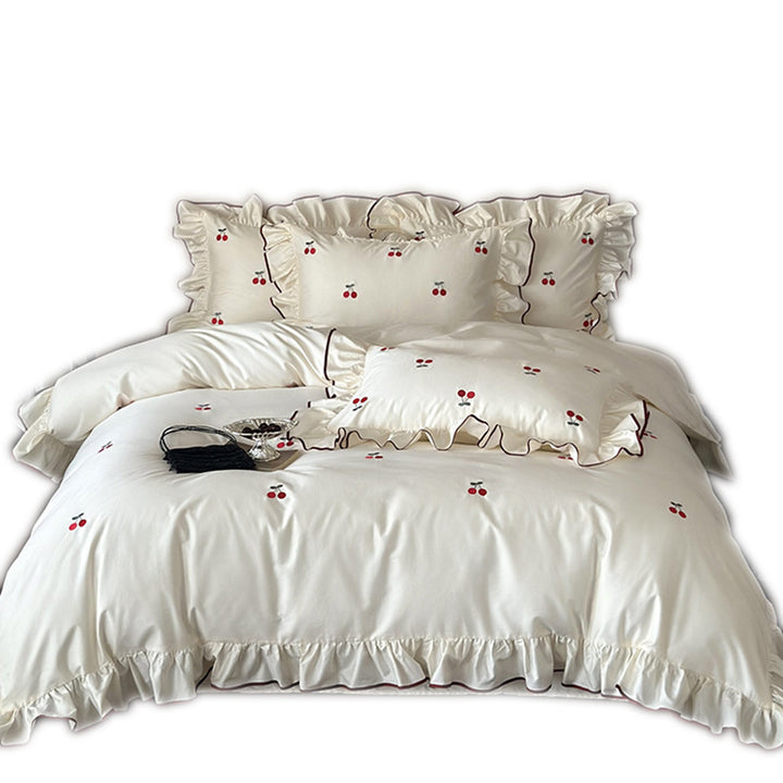 Luxury bedding set made of cotton satin with ruffles and cherry embroidery