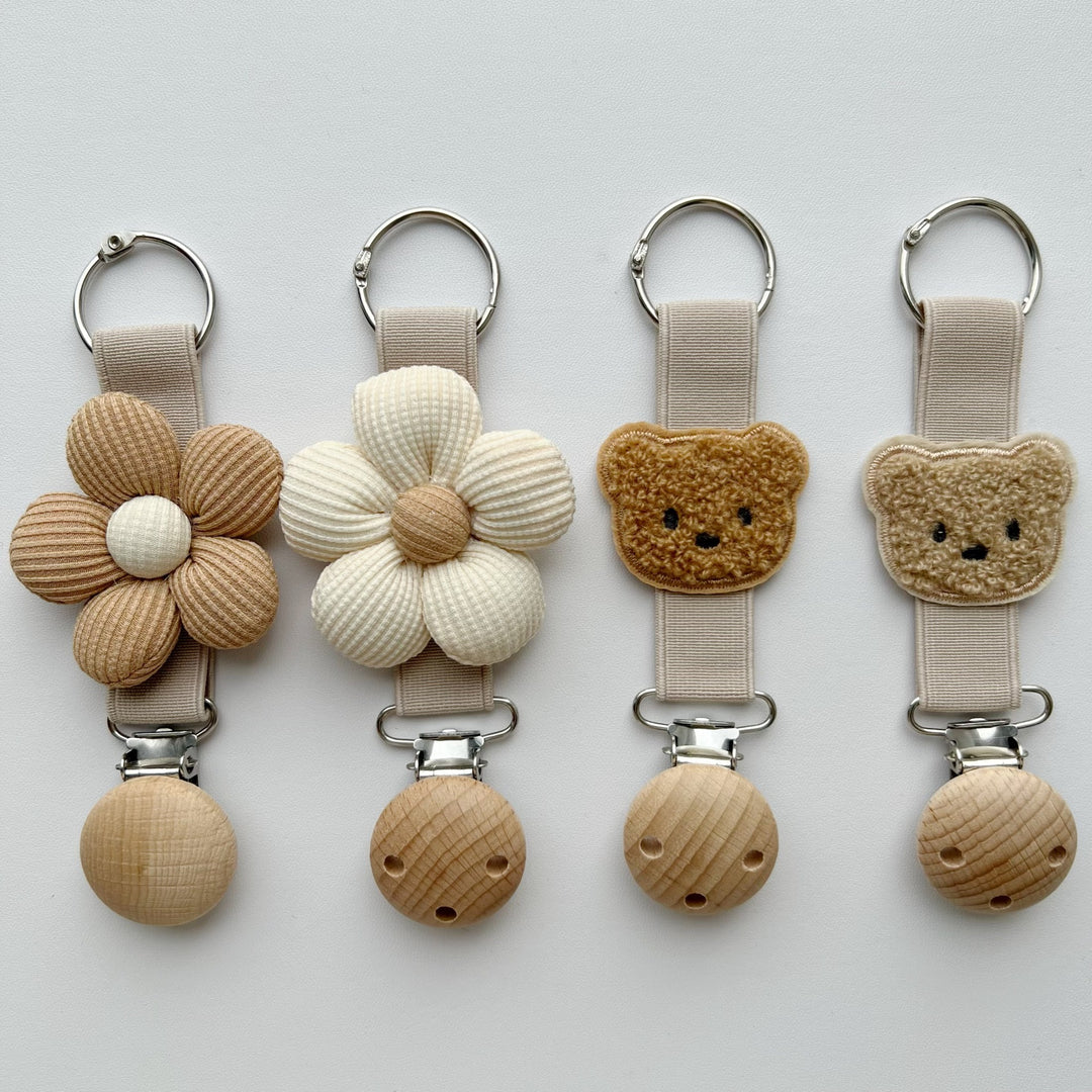 Embroidered Teddy Pacifier and Teether Clip with Wooden Safety Clamp