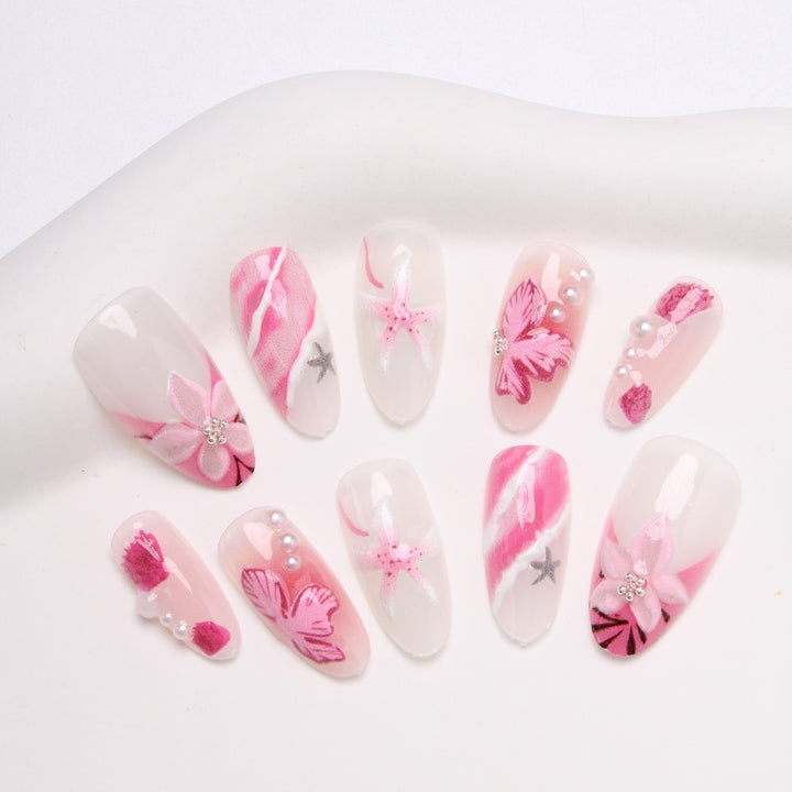 Acrylic nail set with elegant flower and glitter pattern Kalsten