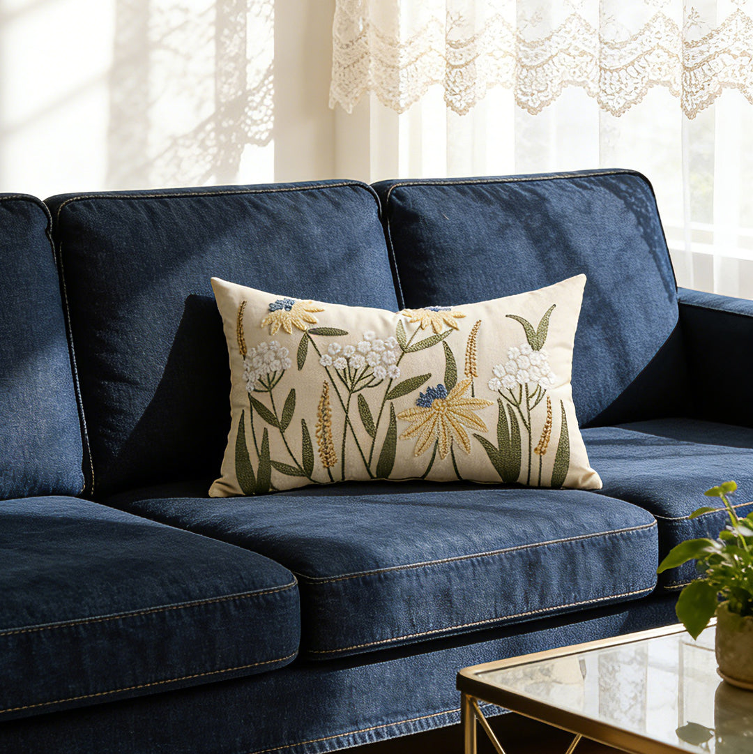 Hand-Embroidered Meadow Floral Accent Pillow Covers Set with Hidden Zipper