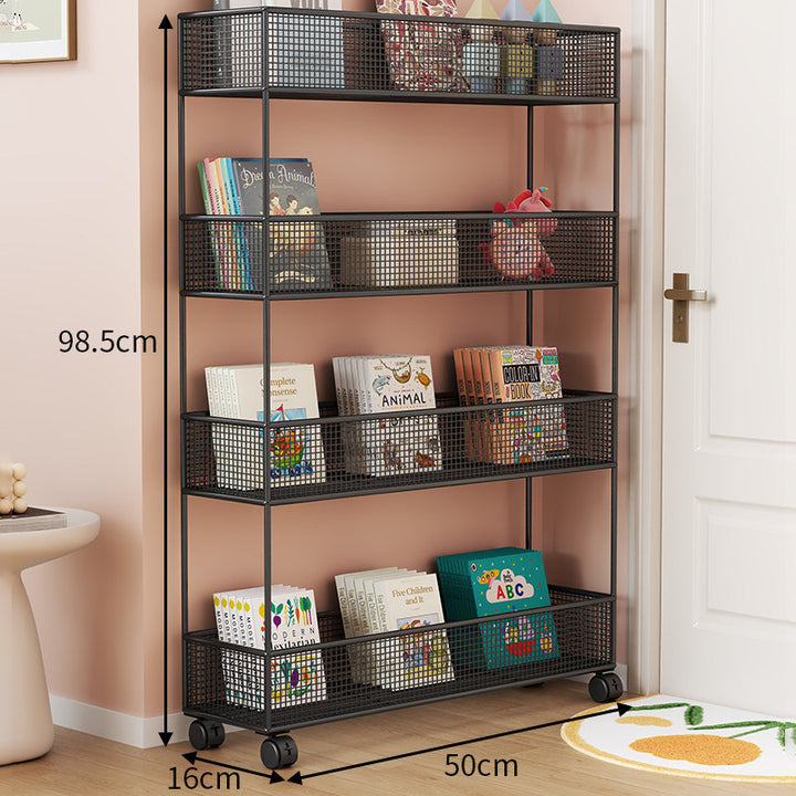 Industrial Metal Mesh Four-Tier Narrow Bookshelf Organizer