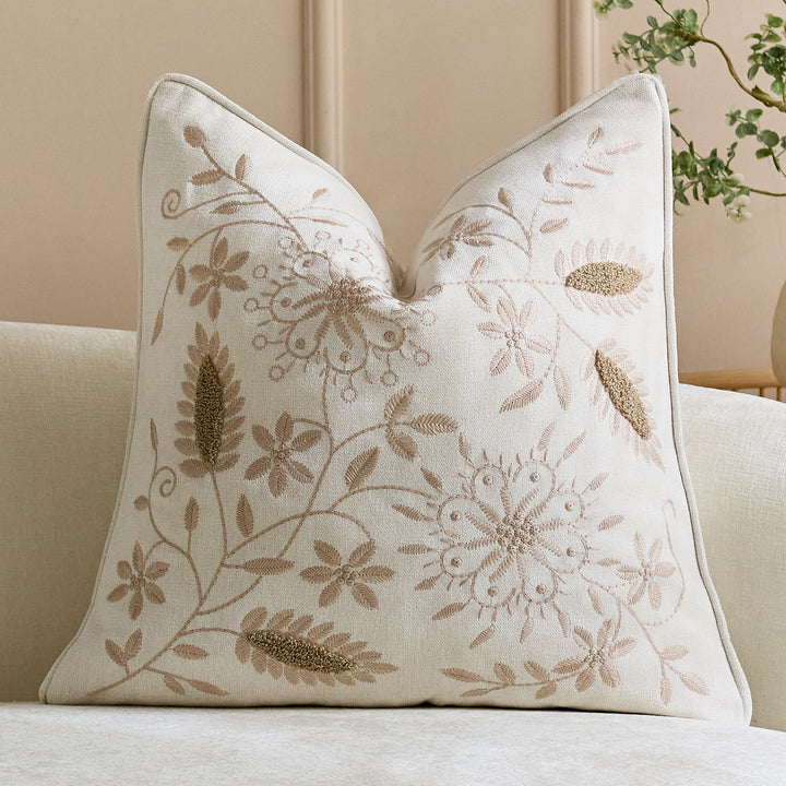 Embroidered Linen Throw Pillow Cover with Floral Motif
