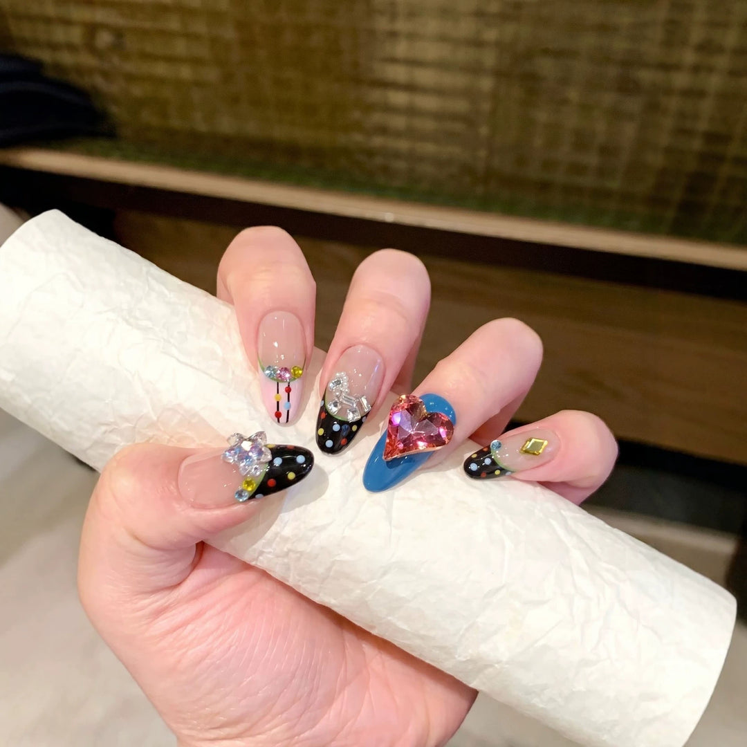 Artistic Press-On Nail Set with Colorful Jewel Accents Kalsten