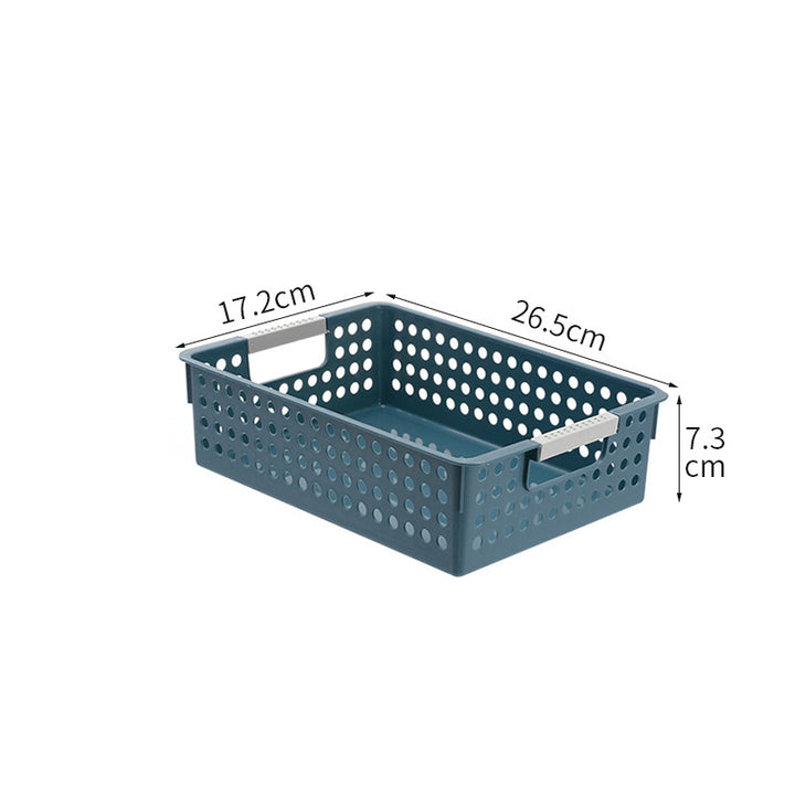 Flat plastic storage box with perforated side wall and grip recesses