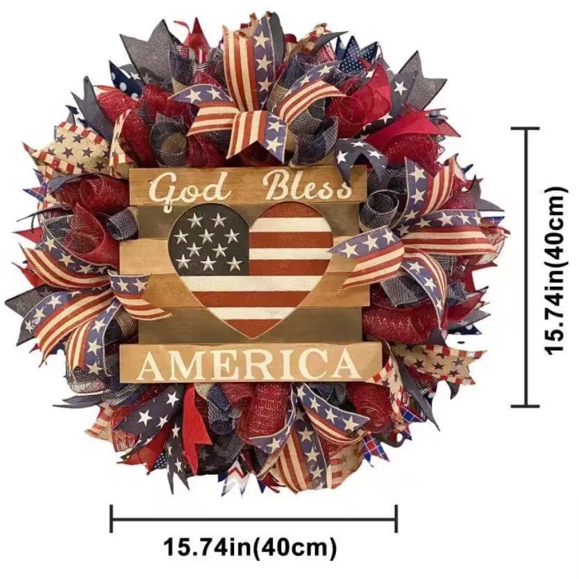 Unisex nan Patriotic Americana Decorative Front Door Wreath with Burlap Mesh Ribbon and Wooden Heart Plaque Kalsten