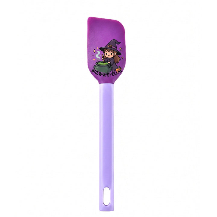 Silicone kitchen spatula with flexible scraper and child-friendly witch motif