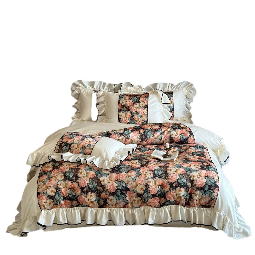 Luxurious floral cotton satin bedding set with ruffles and piping