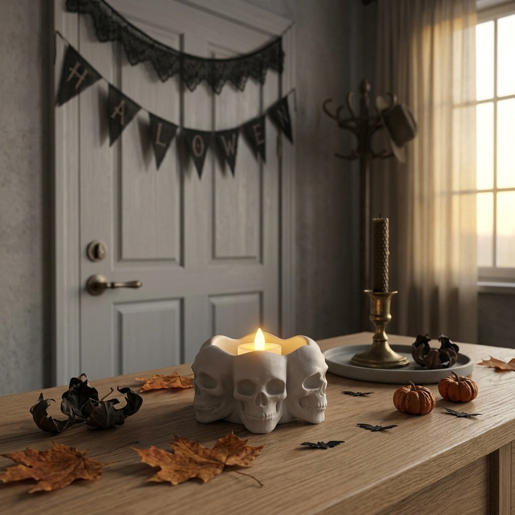 Ceramic Skull Planter Multi-Headed Flower Bowl and Candle Holder for Halloween Decoration