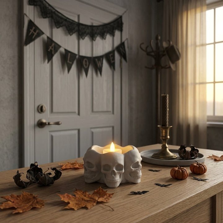 Ceramic Skull Planter Multi-Headed Flower Bowl and Candle Holder for Halloween Decoration