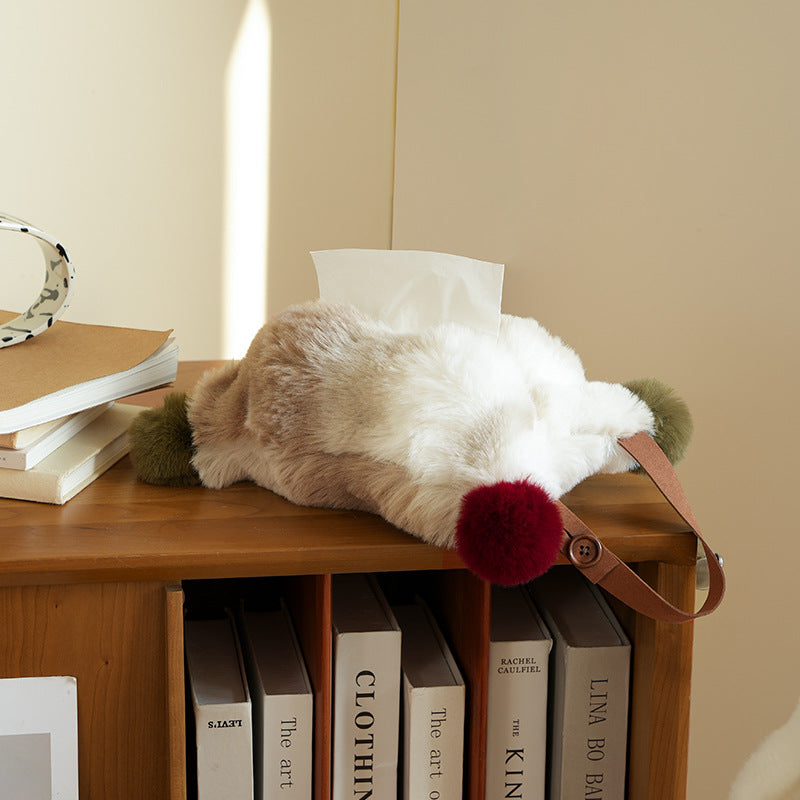 Plush tissue box cover made of faux fur with colorful pom-pom corners Kalsten