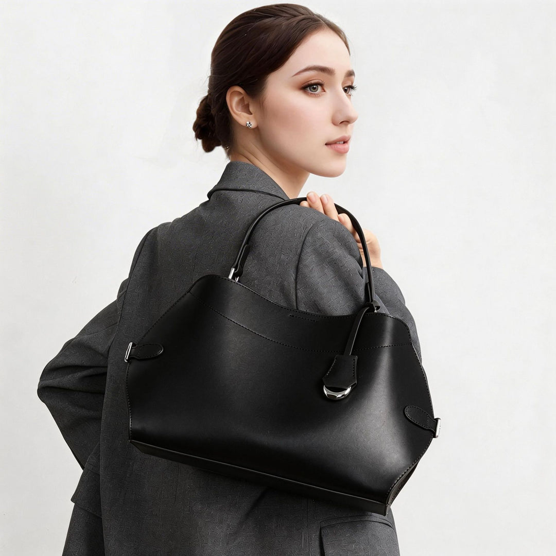 Structured Smooth Leather Top-Handle Tote Bag with Silver Hardware