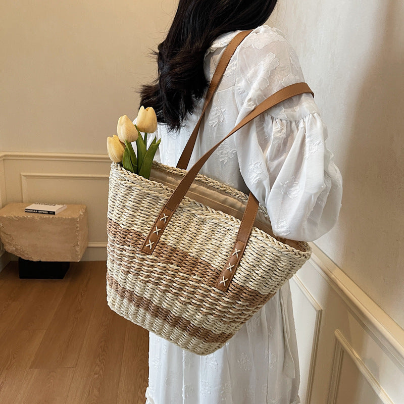 Woven Natural Material Handbag with Leather Accents Kalsten