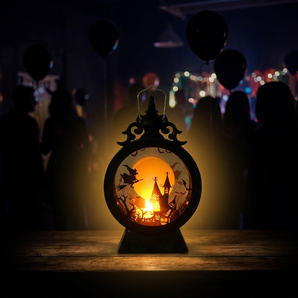 LED decorative table lantern with Halloween silhouettes and warm white light