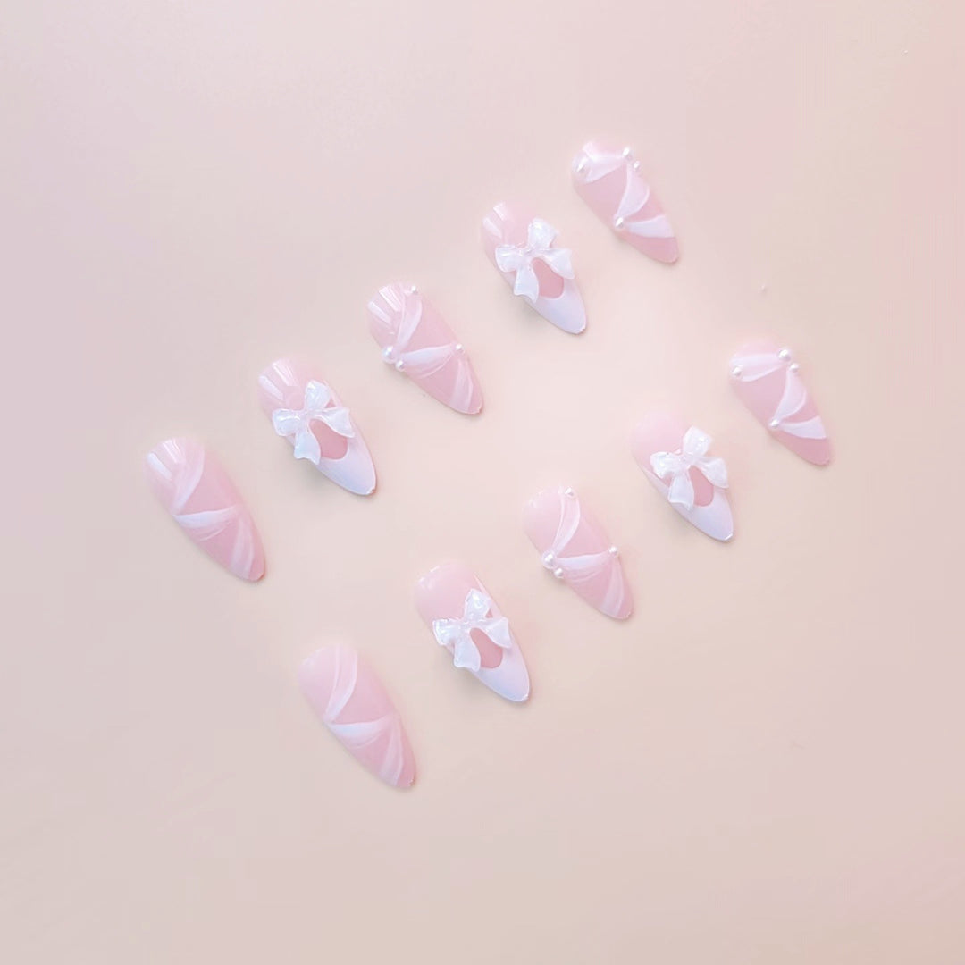 Artificial nail set with elegant 3D bows and lace decorations Kalsten