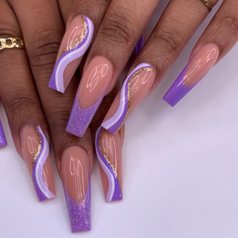 Glamorous French Tip Stiletto Press-On Nails Decorated with Glitter and Gold Accents Kalsten