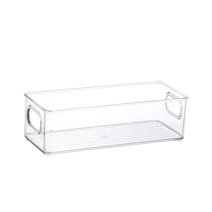 Flat transparent storage box with integrated handles and non-slip bottom