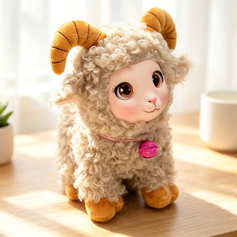 Plush Ram Keychain Charm with Curly Faux-Fur, Sculpted Face, Bell Necklace and Metal Ring Kalsten