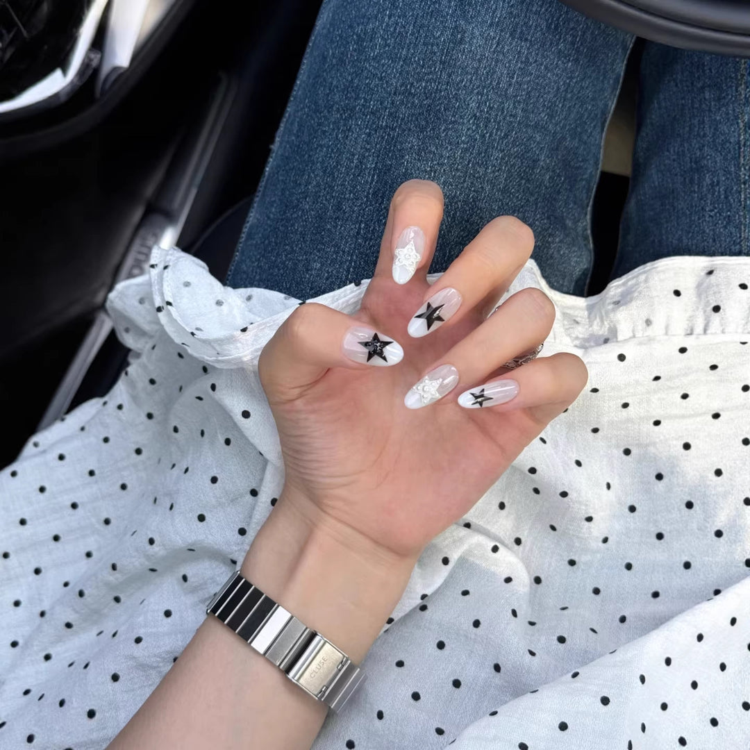 Artistic Press-On Nail Art Set with Star and Floral Design