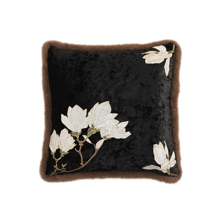 Square velvet decorative pillowcase with magnolia embroidery and faux fur trim Kalsten