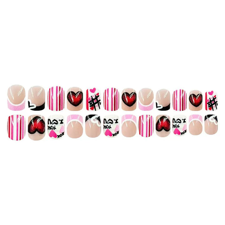 Artificial nail set with romantic heart and stripe designs Kalsten