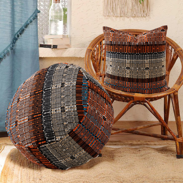 Round woven seat pouf made of durable cotton mix with practical carrying handle Kalsten