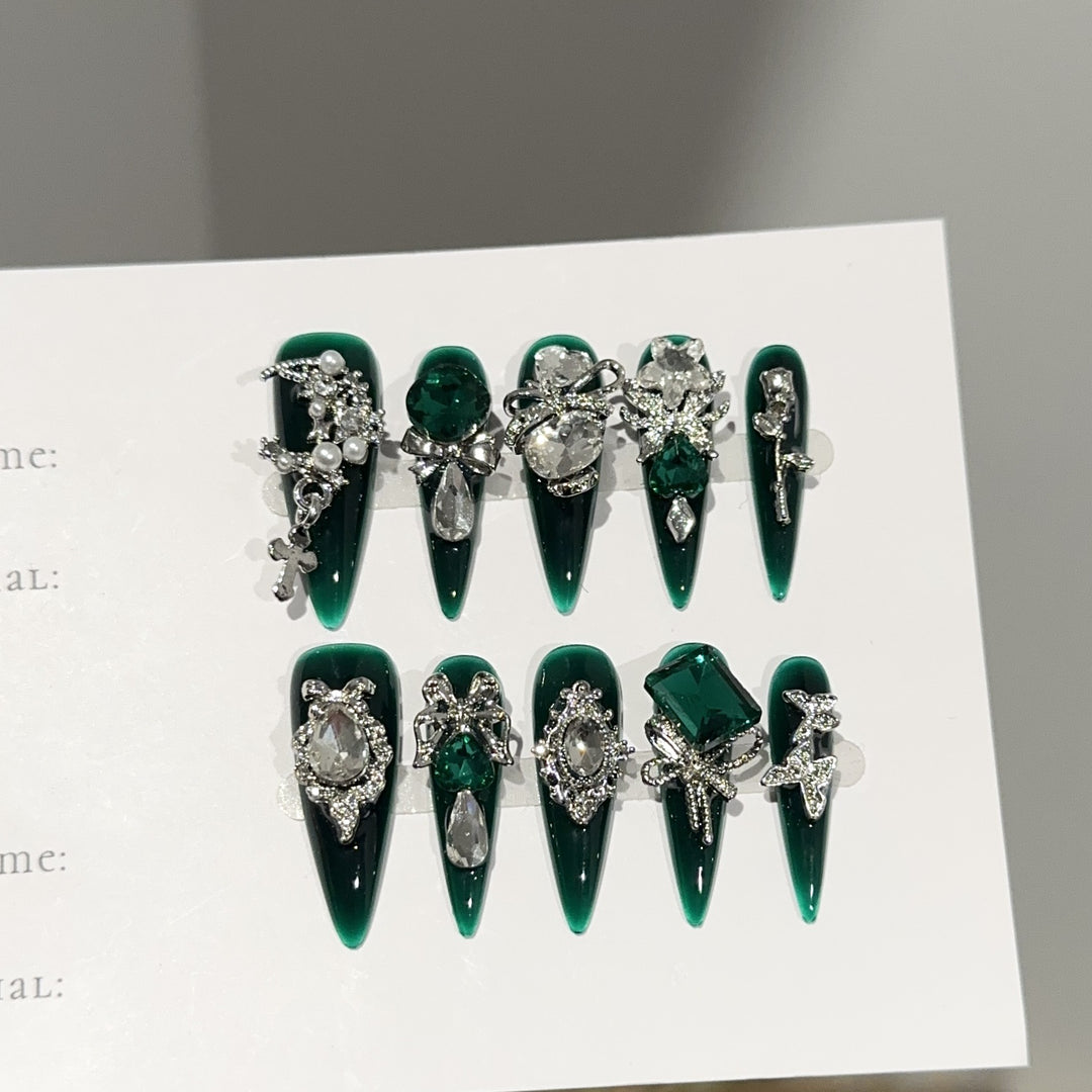 Elegant Gemstone-Embellished Press-On Nails