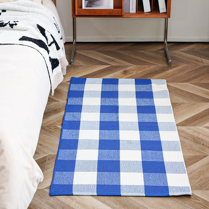 Flat-woven runner rug with check pattern and decorative border stripe Kalsten
