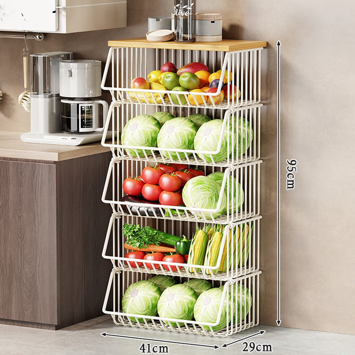 Slim Vertical Rolling Wire Produce and Pantry Organizer Cart with Wood Top