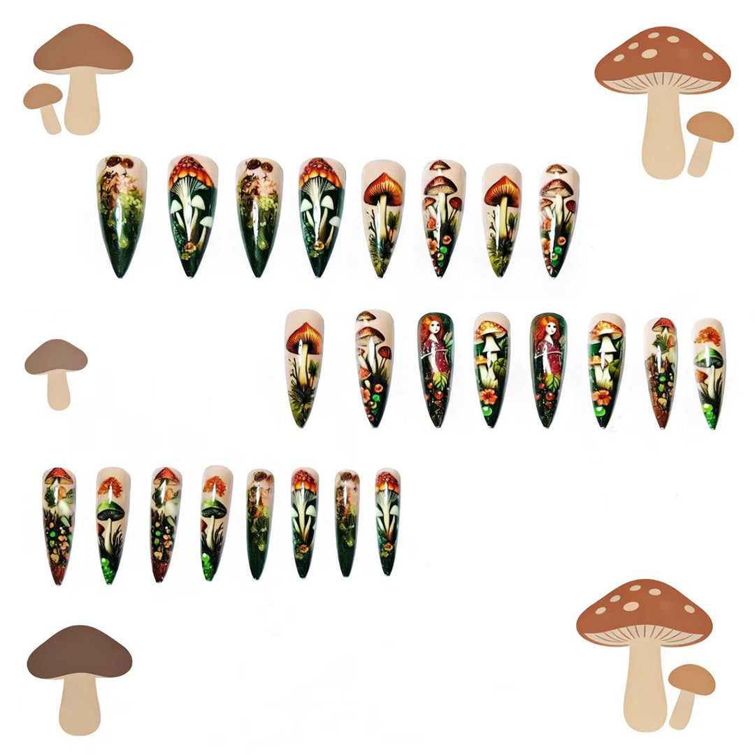 Creative artificial nails with playful fairy and mushroom design Kalsten