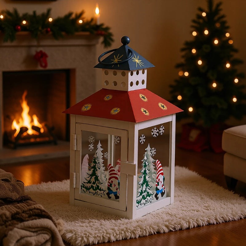Decorative Holiday Gnome Lantern with Star-Cut Roof and Glass Panel Candle Holder Kalsten